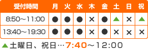 受付時間　月火水金午前8:50～11:00　午後13:40～19:30 土祝7:40～12:00