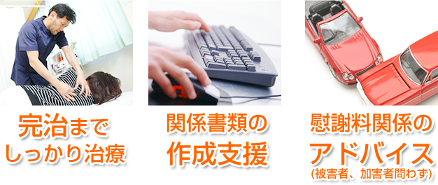 完治までしっかり治療 関係書類の作成支援 慰謝料関係のアドバイス(被害者、加害者問わず)