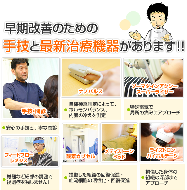 早期改善のための手技と最新治療器があります